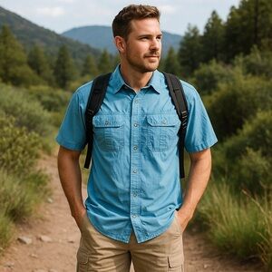 Eddie Bauer Men’s Blue Short Sleeve Button-Up Shirt Size L Outdoor Hiking Fish